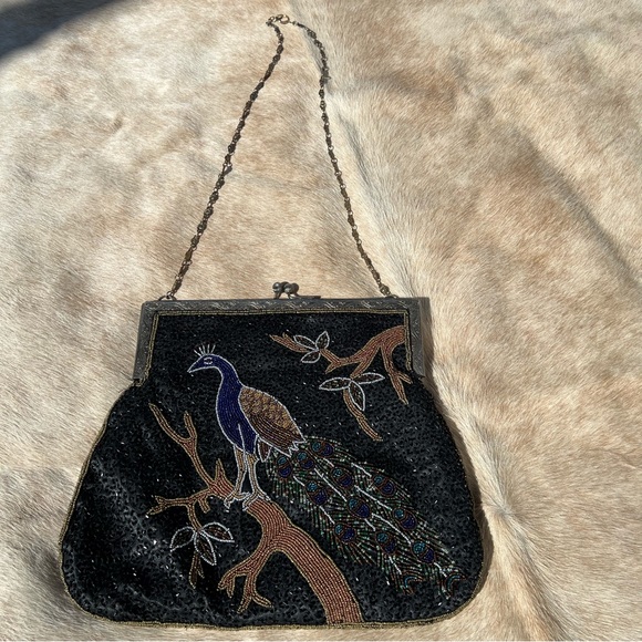 Antique Vintage Art Deco Large Beaded Sequin Peacock Long Chain Shoulder Bag - Picture 5 of 13